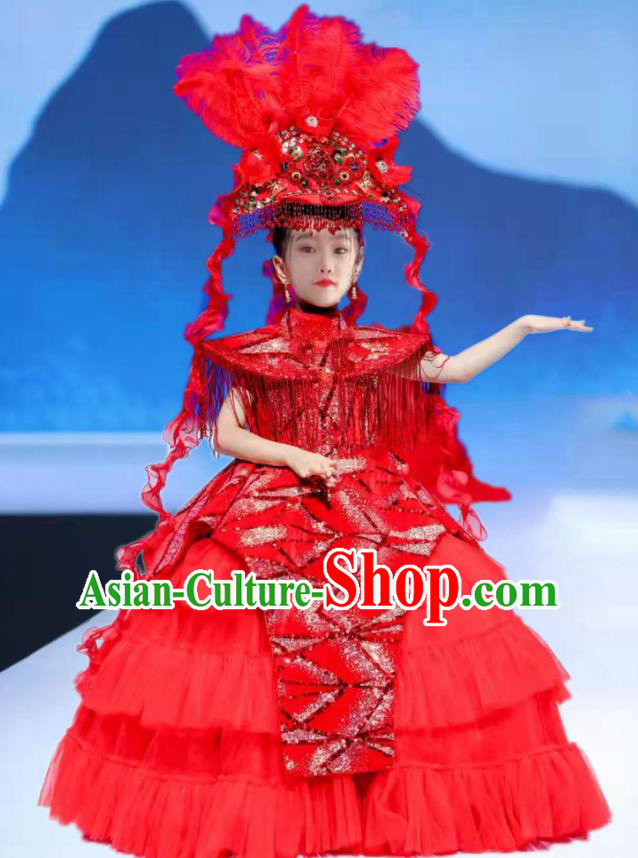 Custom Stage Show Red Veil Full Dress Baroque Queen Fashion Piano Recital Formal Clothing Girl Catwalks Garment Costumes