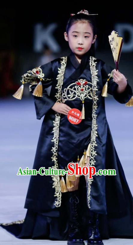 Chinese Baby Compere Garment Costume Children Model Attire Stage Performance Fashion Clothing Girl Catwalk Show Black Dress