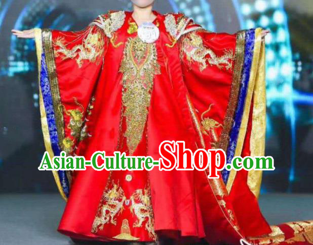 Chinese Girl Catwalk Show Red Trailing Dress Baby Empress Garment Costume Children Model Attire Stage Performance Fashion Clothing
