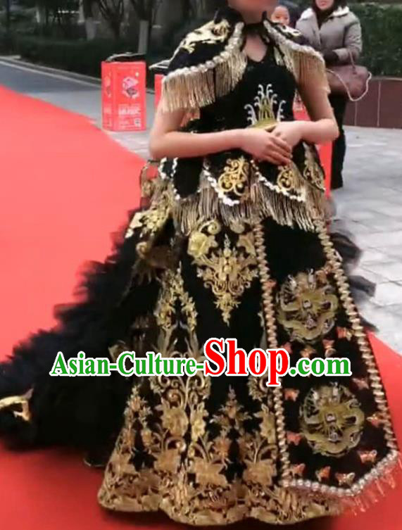 Chinese Stage Performance Fashion Clothing Girl Catwalk Show Black Trailing Dress Baby Compere Garment Costume Children Model Attire