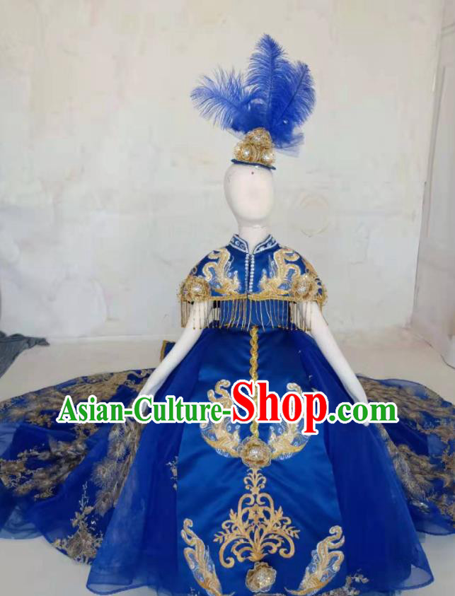 Chinese Stage Performance Fashion Clothing Girl Catwalk Show Royalblue Trailing Dress Ancient Empress Garment Costume Children Model Attire