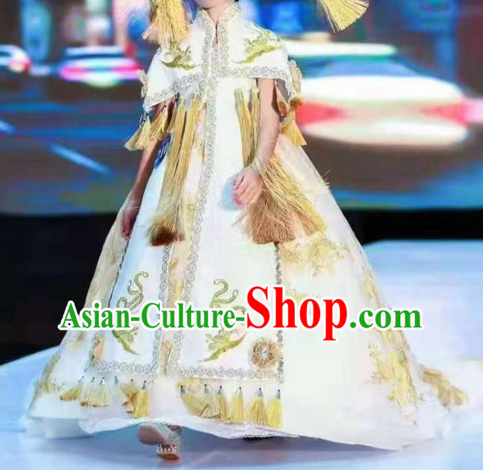 Chinese Children Model Attire Stage Performance Fashion Clothing Girl Catwalk Show Beige Trailing Dress Ancient Empress Garment Costume