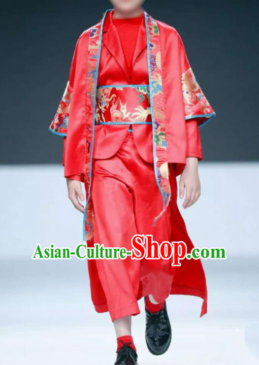 Top Children Performance Clothing Catwalks Baby Fashion Boys Stage Show Red Tang Suits Compere Garment Costumes