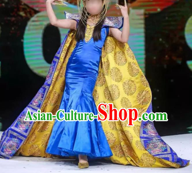 Chinese Stage Performance Fashion Clothing Girl Catwalk Show Royalblue Qipao Dress Piano Recital Garment Costume Children Model Cheongsam Attire