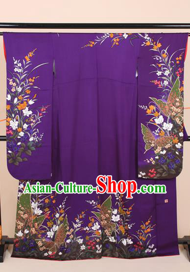 Japanese Wedding Bride Deep Purple Yukata Dress Traditional Court Princess Clothing Classical Butterfly Flowers Pattern Furisode Kimono Costume