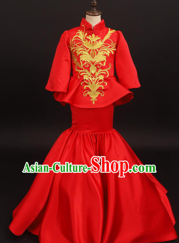 Chinese Children Compere Red Fishtail Dress Stage Show Fashion Girl Catwalk Clothing Classical Dance Garment Costume