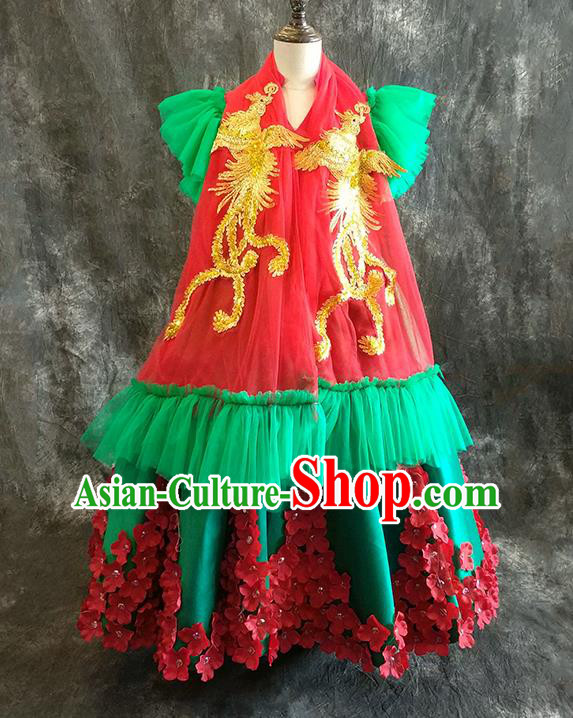 Chinese Girl Catwalk Embroidered Phoenix Clothing Classical Dance Garment Costume Children Compere Green Full Dress Stage Show Fashion