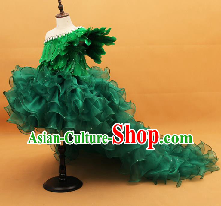 Custom Girl Princess Feather Fashion Piano Recital Clothing Children Catwalks Garment Costume Christmas Performance Green Trailing Full Dress