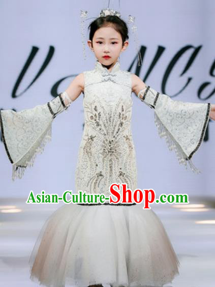 Chinese Classical Dance Garment Costume Children Compere Grey Lace Fishtail Dress Stage Show Fashion Girl Catwalk Clothing