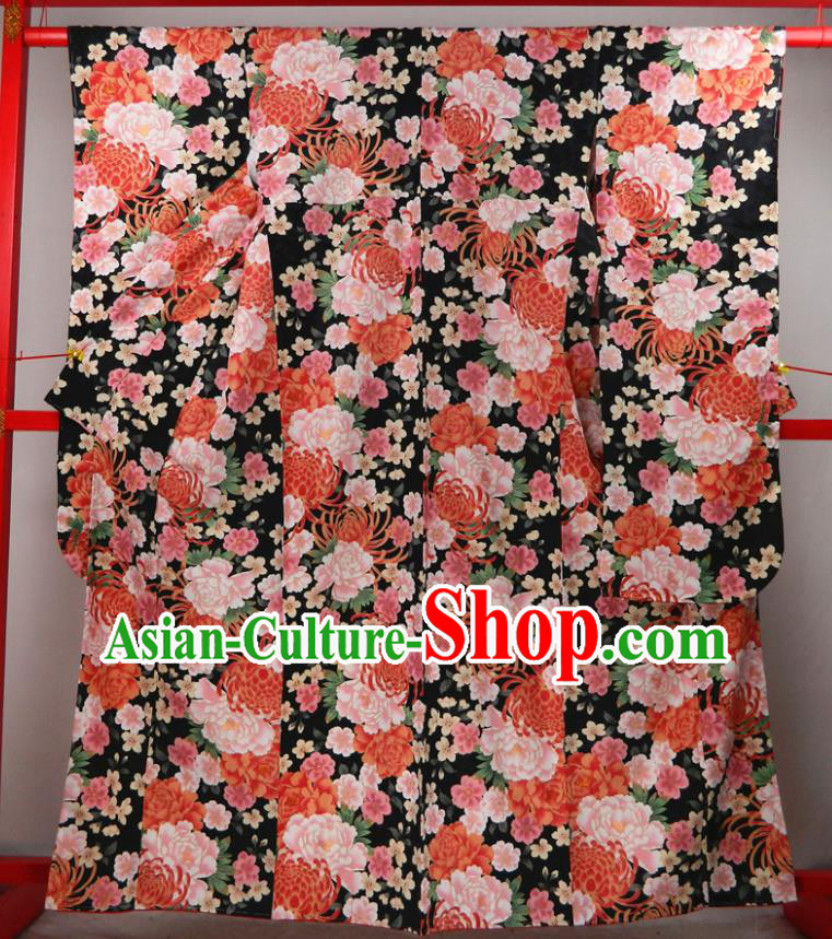 Japanese Wedding Bride Yukata Dress Classical Chrysanthemum Peony Pattern Furisode Kimono Clothing Traditional Ceremony Garment Costume