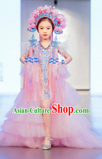 Custom Children Catwalks Garment Costume Piano Recital Pink Full Dress Girl Princess Fashion Modern Dance Clothing