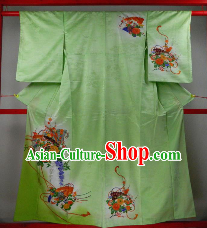 Japanese Classical Chrysanthemum Plum Pattern Tsukesage Kimono Clothing Traditional Ceremony Garment Costume Young Woman Green Yukata Dress
