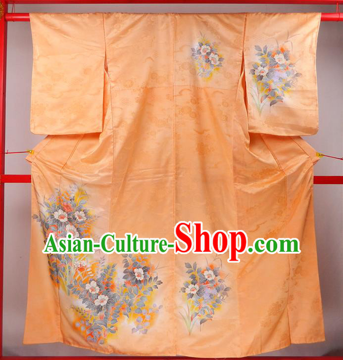 Japanese Classical Thoroughwort Pattern Tsukesage Kimono Clothing Traditional Ceremony Garment Costume Young Woman Orange Silk Yukata Dress