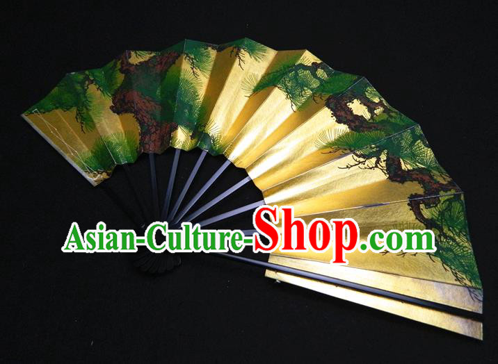 Japan Geisha Performance Accordion Classical Dance Folding Fan Traditional Pine Pattern Golden Fan Handmade Ebony Craft Fans