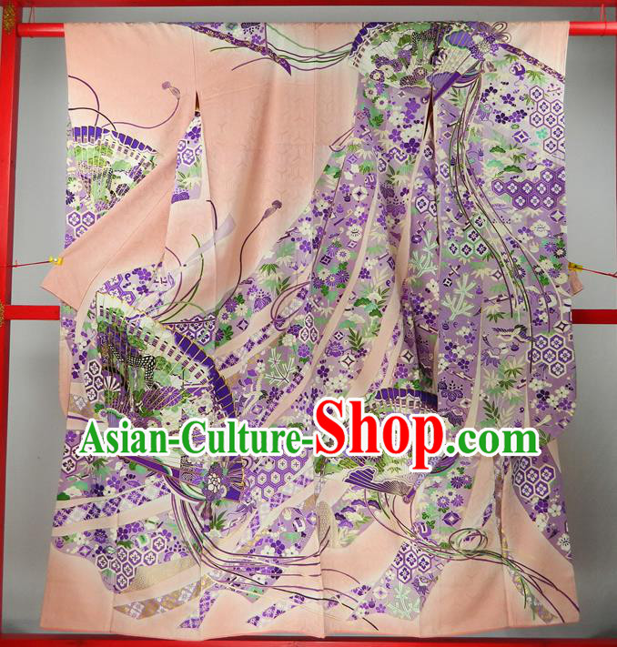Japanese Classical Flowers Fan Pattern Pink Yukata Dress Traditional Furisode Kimono Clothing Festival Young Woman Garment Costume
