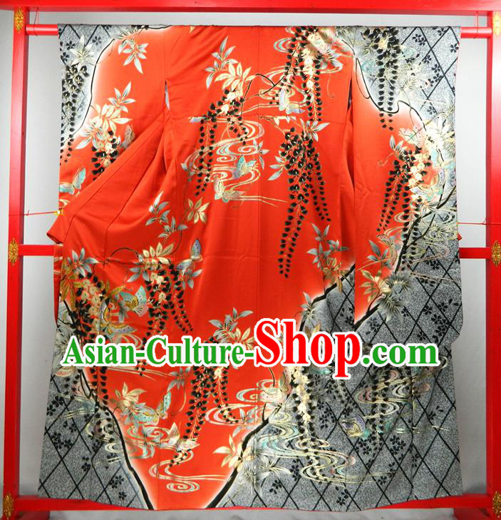 Japanese Traditional Wedding Furisode Kimono Clothing Summer Festival Garment Costume Classical Wisteria Pattern Red Yukata Dress