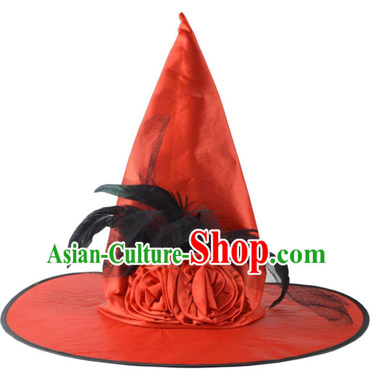 Handmade Drama Performance Peaked Cap Halloween Headdress Dance Party Red Hat Cosplay Witch Feather Headwear