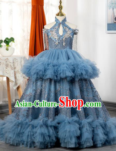 Custom Piano Recital Blue Trailing Full Dress European Girl Princess Fashion Modern Dance Clothing Children Catwalks Garment Costume