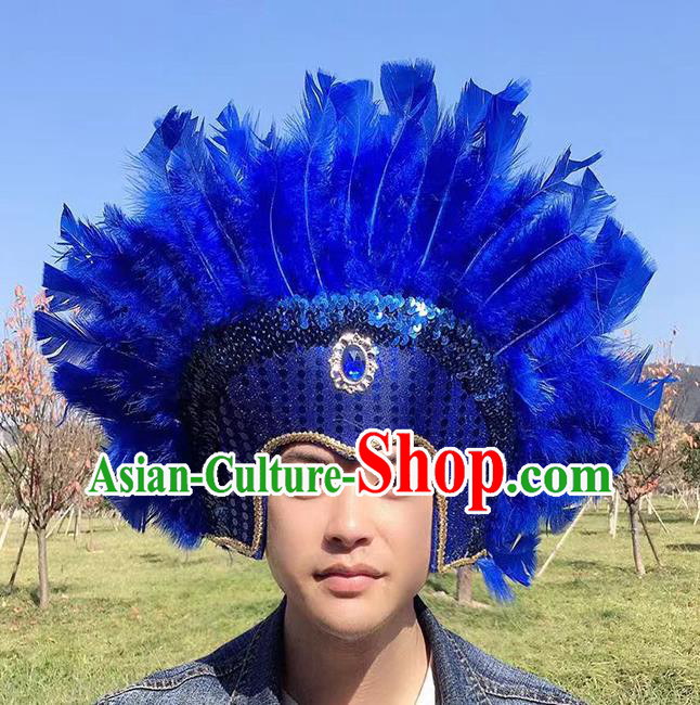 Professional Apache Wild Man Headdress Halloween Cosplay Royalblue Feather Hat Samba Dance Hair Accessories Tribal Chief Headwear