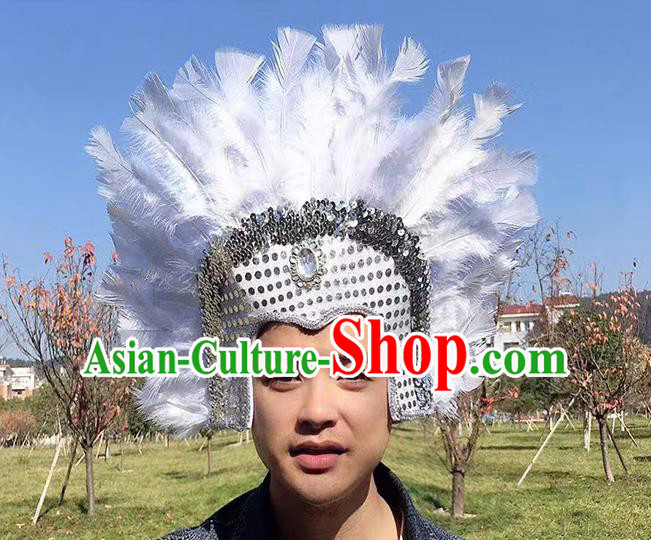 Professional Stage Show Hair Accessories Cosplay Warrior White Feather Hat Samba Dance Headdress Halloween Apache Tribal Chief Headwear