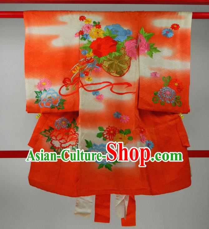 Japan Classical Peony Pattern Red Furisode Kimono Traditional Festival Yukata Dress Children Garment Costume