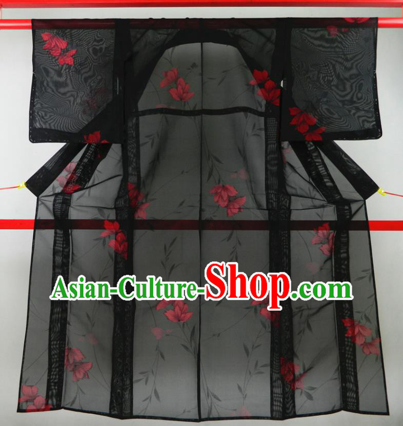 Japanese Court Woman Black Veil Yukata Dress Classical Flowers Pattern Edo Komon Kimono Clothing Traditional Garment Costume