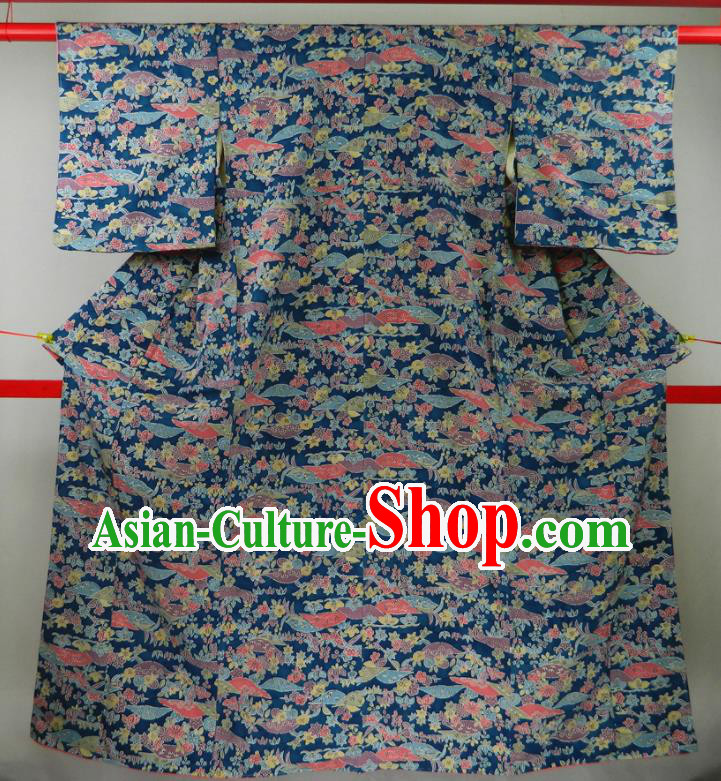 Japanese Traditional Garment Costume Court Woman Blue Yukata Dress Classical Plum Pine Bamboo Pattern Edo Komon Kimono Clothing