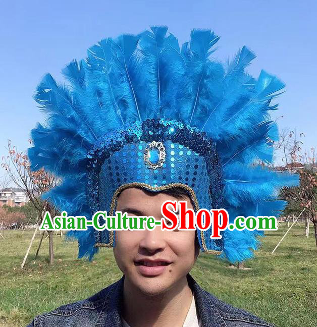 Professional Apache Tribal Chief Headwear Stage Show Headdress Halloween Cosplay Wild Man Blue Feather Hat Samba Dance Hair Accessories