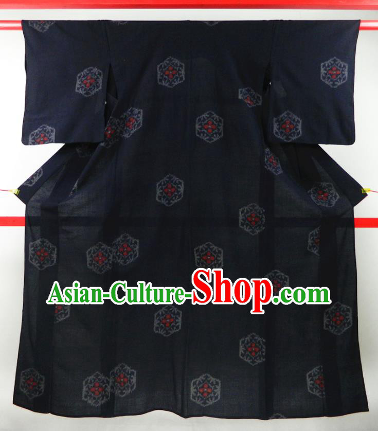 Japanese Classical Rhombus Pattern Edo Komon Kimono Clothing Traditional Festival Garment Costume Young Woman Navy Silk Yukata Dress