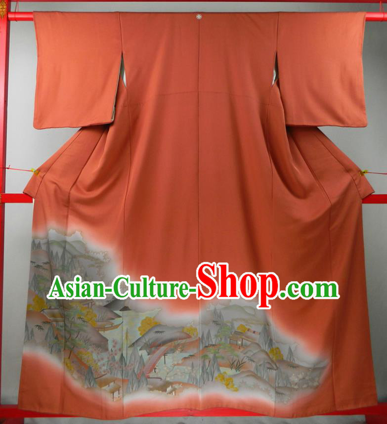 Japanese Traditional Festival Garment Costume Young Woman Printing Red Yukata Dress Classical Landscape Pattern Tsukesage Kimono Clothing