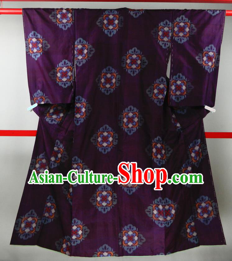 Japanese Traditional Ceremony Garment Costume Bride Mother Purple Yukata Dress Classical Rhombus Pattern Edo Komon Kimono Clothing