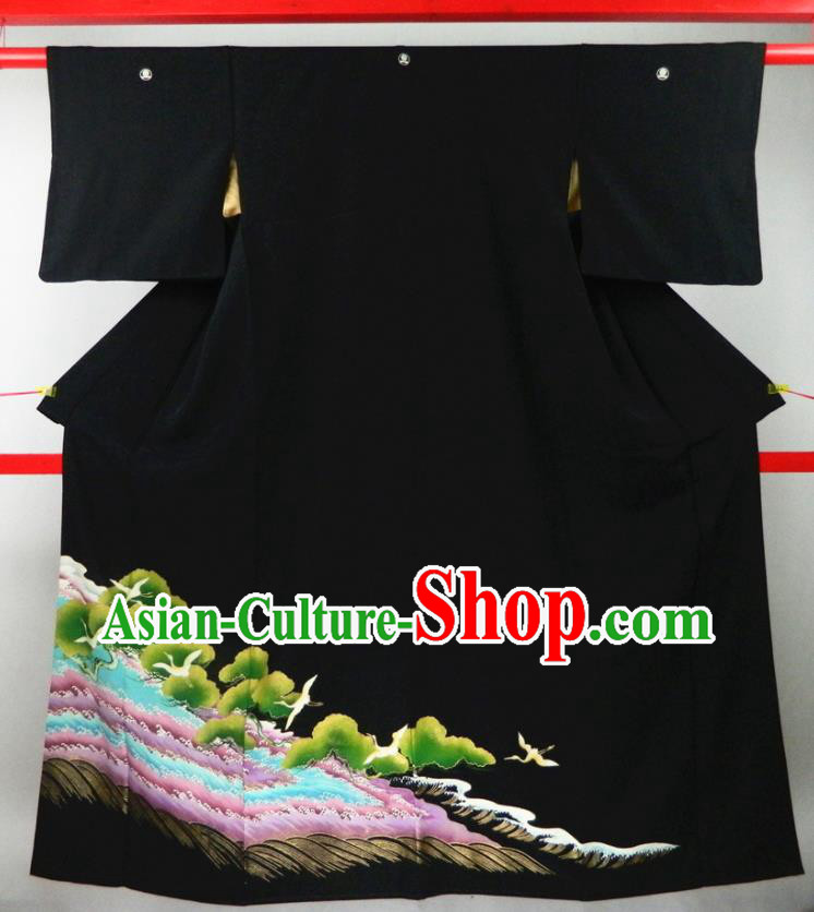 Japanese Traditional Court Garment Costume Elderly Woman Black Yukata Dress Classical Pine Cranes Pattern Kurotomesode Kimono Clothing
