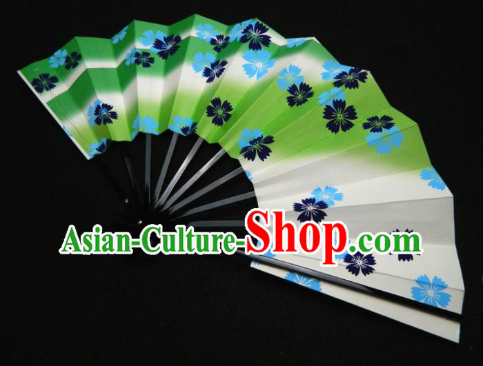 Japan Traditional Stage Performance Fan Handmade Craft Fans Kimono Printing Sakura Green Accordion Geisha Dance Folding Fan