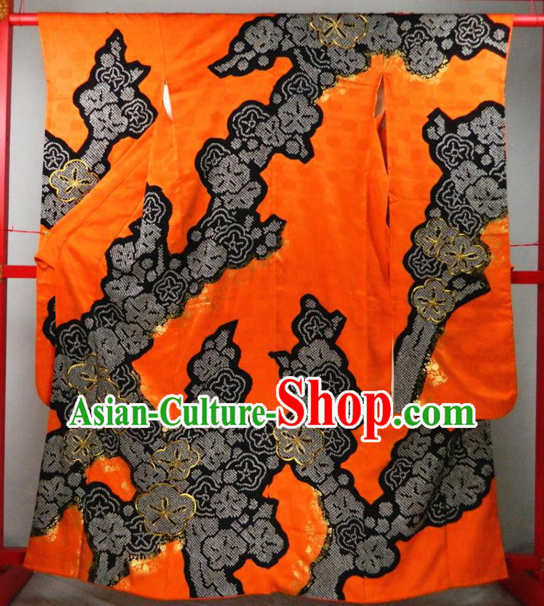 Japanese Court Woman Orange Yukata Dress Classical Plum Blossom Pattern Furisode Kimono Clothing Traditional Wedding Garment Costume