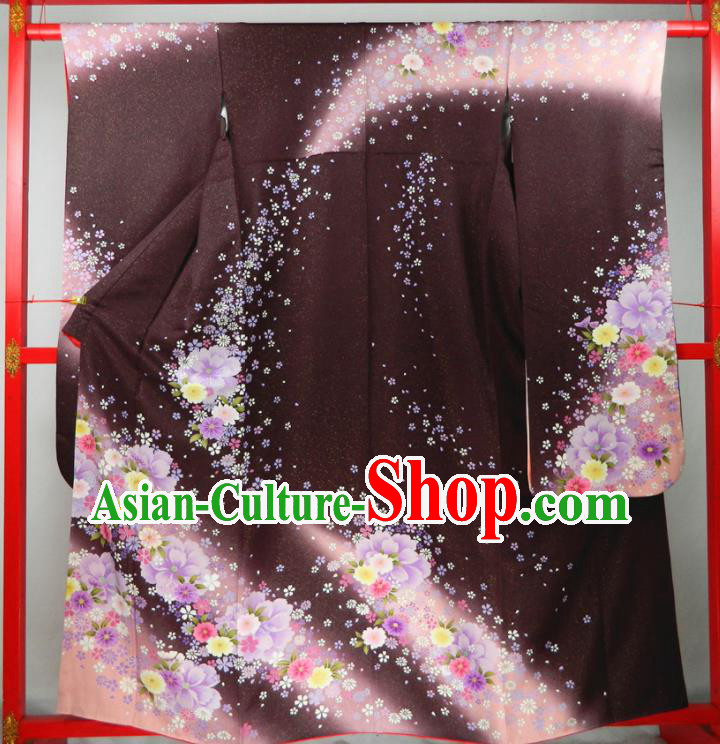 Japanese Traditional Court Empress Garment Costume Bride Brown Silk Yukata Dress Classical Sakura Pattern Furisode Kimono Clothing