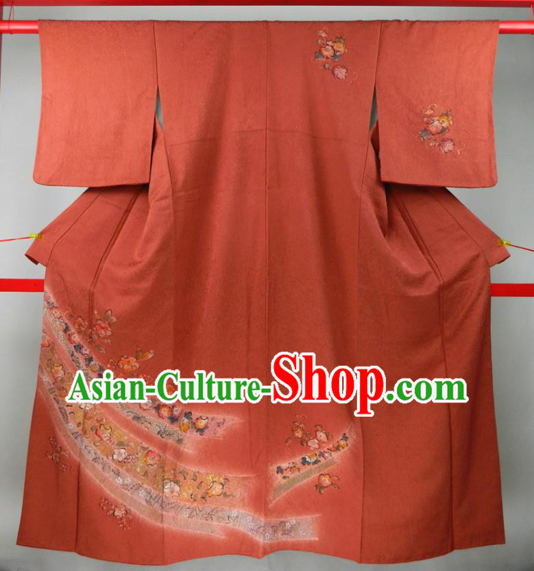 Japanese Classical Tsubaki Flowers Pattern Tsukesage Kimono Clothing Traditional Court Empress Garment Costume Bride Red Silk Yukata Dress