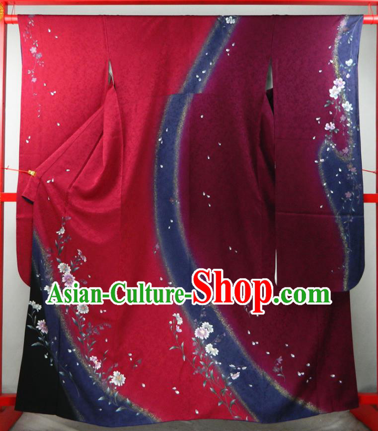 Japanese Traditional Festival Garment Costume Wedding Bride Wine Red Yukata Dress Classical Daisy Pattern Furisode Kimono Clothing