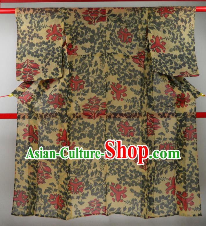 Japanese Classical Flowers Pattern Edo Komon Kimono Clothing Traditional Festival Garment Costume Young Woman Yellow Yukata Dress
