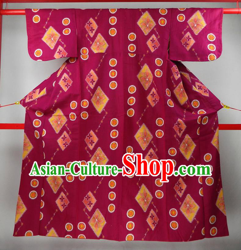 Japanese Young Woman Purple Yukata Dress Classical Rhombus Pattern Edo Komon Kimono Clothing Traditional Ceremony Garment Costume
