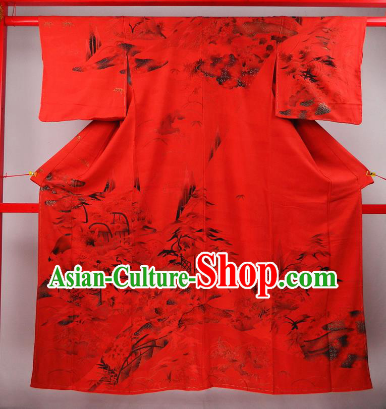 Japanese Traditional Ceremony Garment Costume Young Woman Red Yukata Dress Classical Scenery Pattern Tsukesage Kimono Clothing
