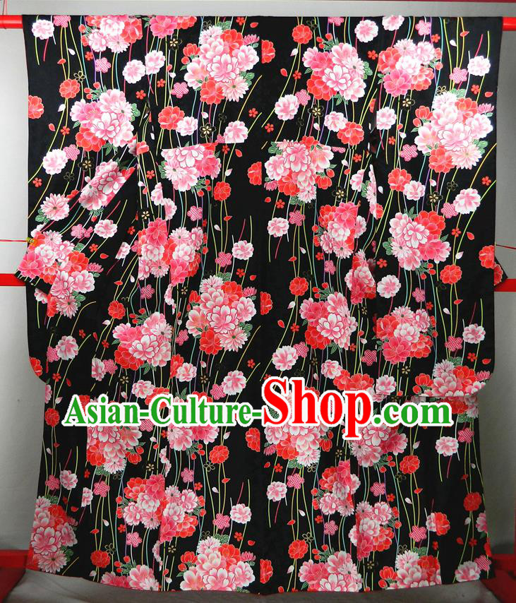 Japanese Classical Peony Flowers Pattern Black Yukata Dress Traditional Wedding Furisode Kimono Clothing Court Empress Garment Costume