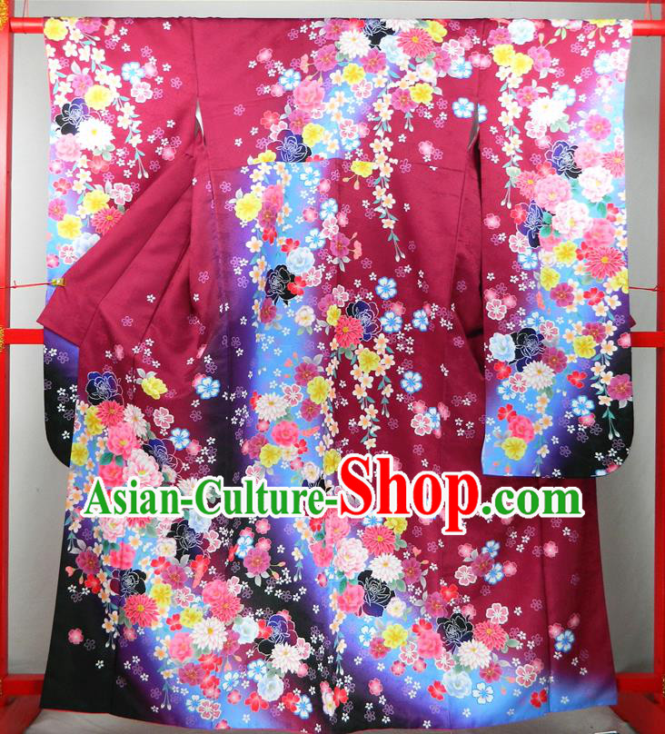 Japanese Traditional Wedding Furisode Kimono Clothing Court Empress Garment Costume Classical Peony Pattern Wine Red Yukata Dress