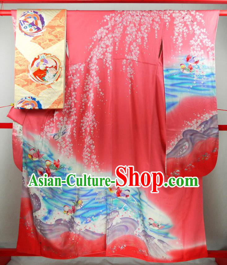 Japanese Classical Sakura Mandarin Duck Pattern Red Yukata Dress Traditional Furisode Kimono Clothing Wedding Bride Garment Costume
