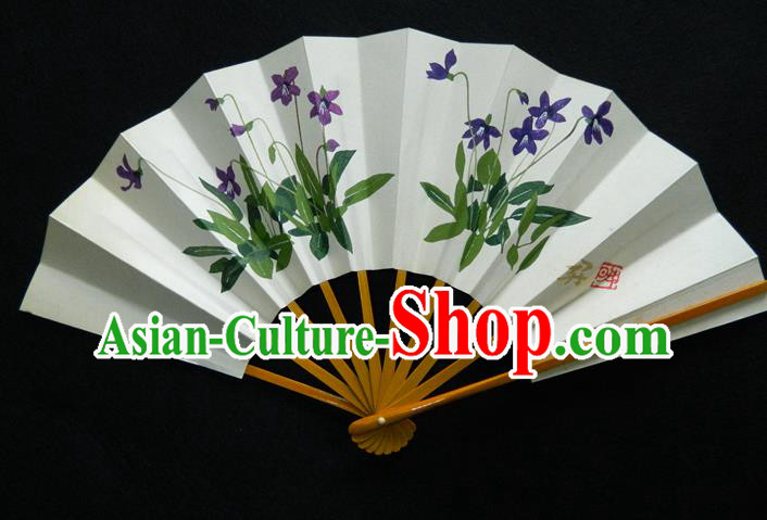 Japan Handmade Bamboo Fan Traditional Dance Folding Fan Printing Orchids Fan Woman Accordion