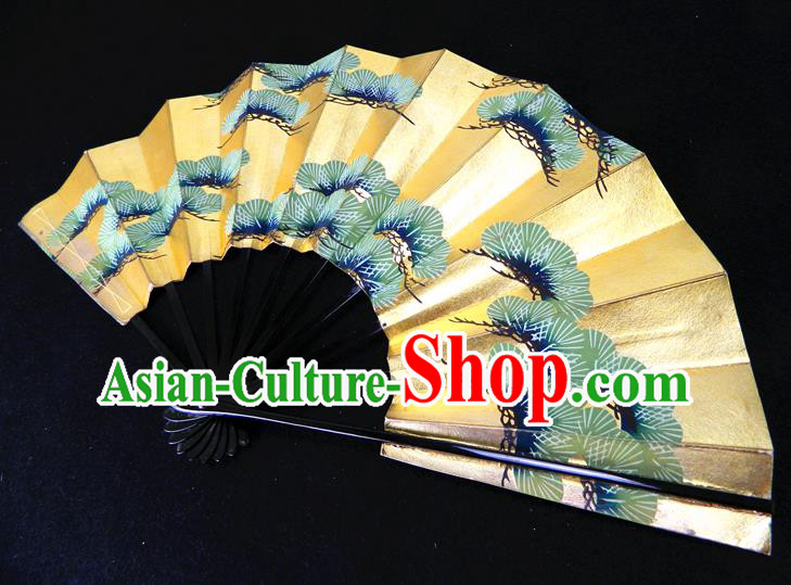 Japan Woman Pine Painting Pattern Accordion Handmade Ebony Fan Traditional Dance Folding Fan Geisha Performance Fan