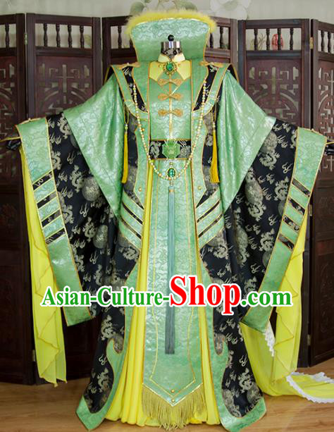 China Cosplay Swordsman Green Hanfu Clothing Ancient Emperor Garment Costumes Traditional Puppet Show King Beichen Yuanhuang Uniforms