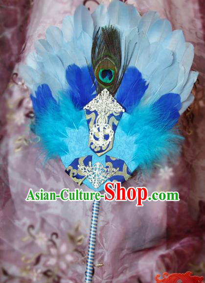 Handmade Chinese Cosplay Swordsman Blue Feather Fan Ancient Military Counsellor Fan