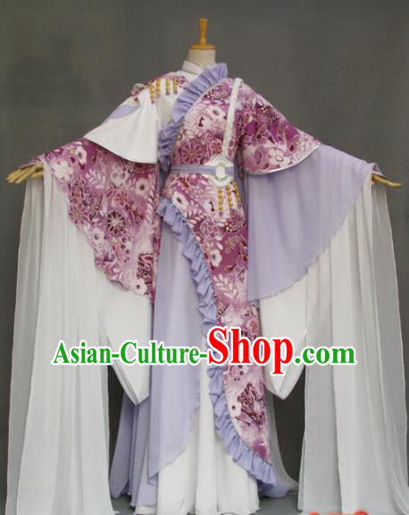 China Ancient Princess Lilac Hanfu Dress Traditional Puppet Show Swordswoman Clothing Cosplay Fairy Queen Garment Costumes