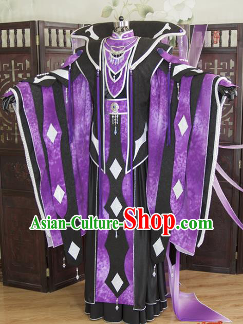 China Ancient Royal Highness Garment Costumes Traditional Puppet Show Swordsman Purple Uniforms Cosplay Taoist Priest Liang Wuji Hanfu Clothing