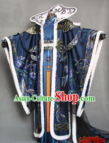 China Traditional Puppet Show Peacock King Navy Uniforms Cosplay Swordsman Yi Xijun Hanfu Clothing Ancient Emperor Garment Costumes